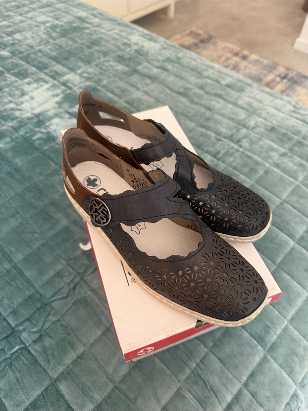 Rieker Navy Floral Cutout Mary Jane Flats with Brown Trim
